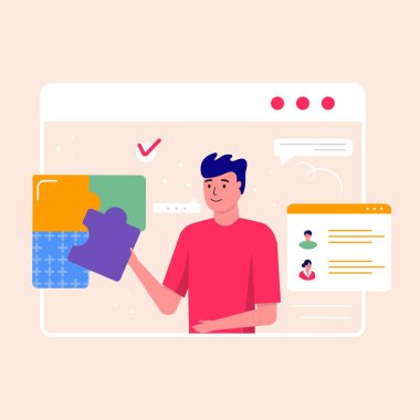 Projede çalışan gülümseyen genç adam. İş konsepti, konular, proje çözümleri, rapor, el ilanı, pazarlama, broşür, trend vektör biçimi için web sayfası şablonu.