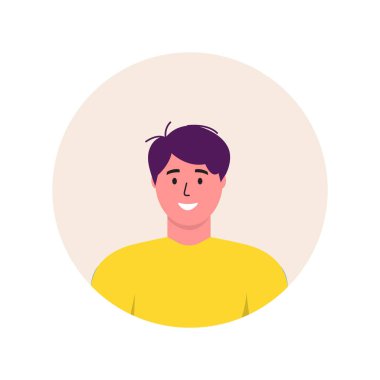 Erkek ikonu moda Avatar karakteri. Neşeli, mutlu insanlar düz vektör çizimi. Yuvarlak çerçeve. Erkek portreleri, grup, takım. Beyaz arka planda izole edilmiş sevimli erkekler.