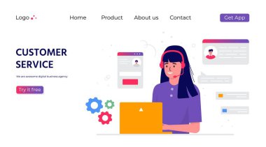 Müşteri desteği iniş sayfası. Kulaklıklı bir kadın ve dizüstü bilgisayarı olan bir mikrofon. İş konusu ve dijital iletişim, yardım için çağrı merkezi. Moda vektörü