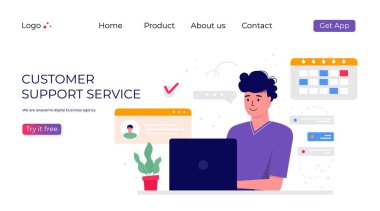 Müşteri desteği iniş sayfası. Kulaklıklı bir kadın ve dizüstü bilgisayarı olan bir mikrofon. İş konusu ve dijital iletişim, yardım için çağrı merkezi. Moda vektörü