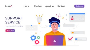 Müşteri desteği iniş sayfası. Kulaklıklı bir adam ve dizüstü bilgisayarı olan bir mikrofon. İş konusu ve dijital iletişim, yardım için çağrı merkezi. Moda vektörü