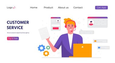 Müşteri desteği iniş sayfası. Kulaklıklı bir kadın ve dizüstü bilgisayarı olan bir mikrofon. İş konusu ve dijital iletişim, yardım için çağrı merkezi. Moda vektörü