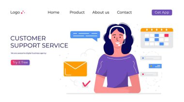Müşteri desteği iniş sayfası. Kulaklıklı bir kadın ve dizüstü bilgisayarı olan bir mikrofon. İş konusu ve dijital iletişim, yardım için çağrı merkezi. Moda vektörü