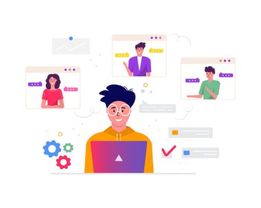 Serbest çalışma anlayışı, video konferansı, online toplantı çalışma alanı. Rapor, broşür, pazarlama, broşür, modern biçim vektörü için meslektaşlarıyla birlikte alan serbest tasarım şablonu