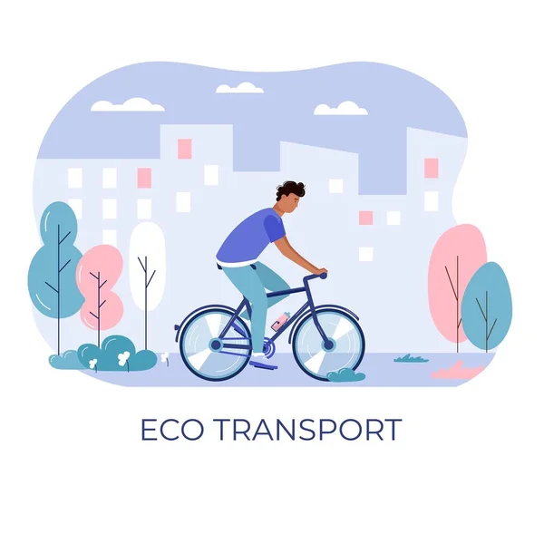 Junge Männer Und Fahren Fahrrad Öko Stadtverkehr Öffentlichen Park Persönlicher — Stockvektor
