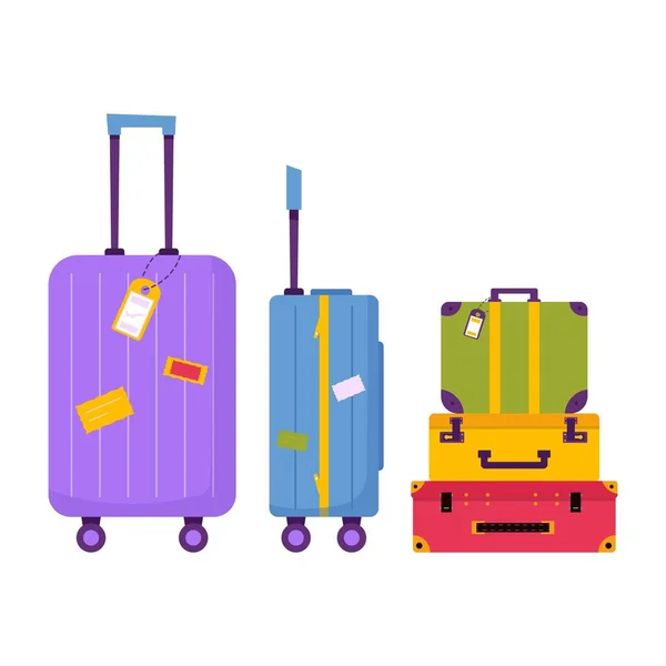 冒険観光 旅行のための荷物のアイコン スーツケース 旅行者のための手荷物で装飾的な旅のデザイン フラット漫画現代ベクトル — ストックベクタ