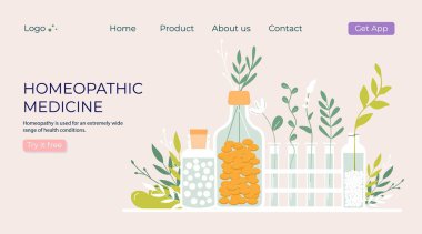 Yeşil organik doğal homeopatik haplar cam kavanozlarda. Homeopati tedavisi bitkisel alternatif tıp, temel doğal yağ, bitkisel eczane, gıda takviyesi. düz vektör