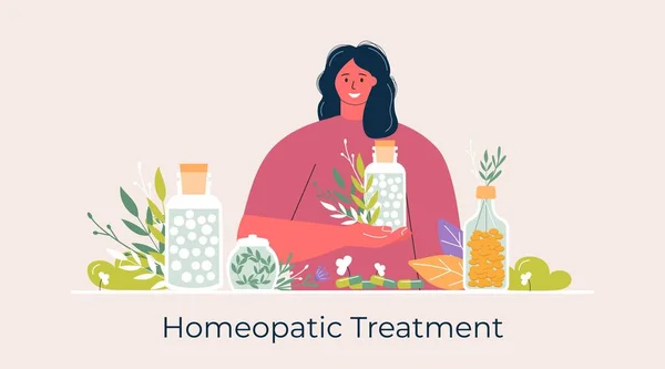 Cartoon People Prepared Organic Natural Homeopathic Pills Glass Jars Homeopathy — Stock Vector