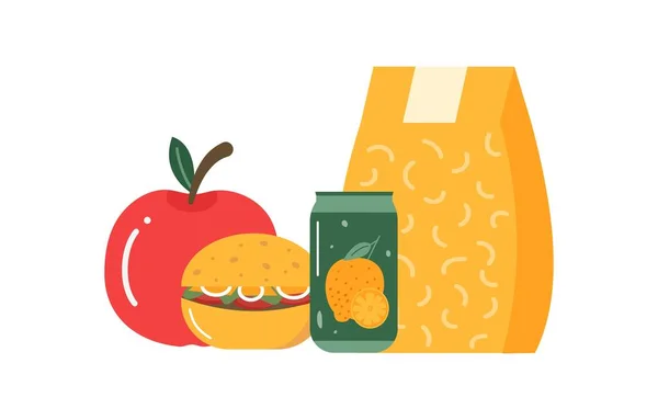 朝食やランチの食事のセット ハンバーガー サンドイッチ ジュース 野菜と子供の学校のランチボックスのための食べ物 飲み物 ベクトルコレクション — ストックベクタ