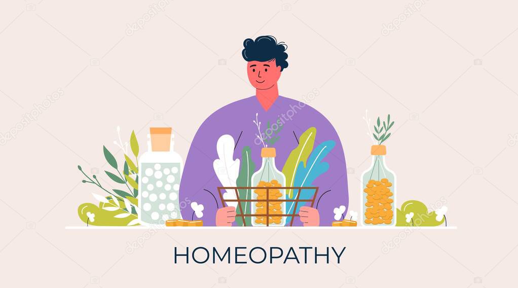 Cartoon people prepared organic natural homeopathic pills in glass jars. Homeopathy treatment banner, landing page, herbal alternative medicine, pharmacy, food supplement. flat vector