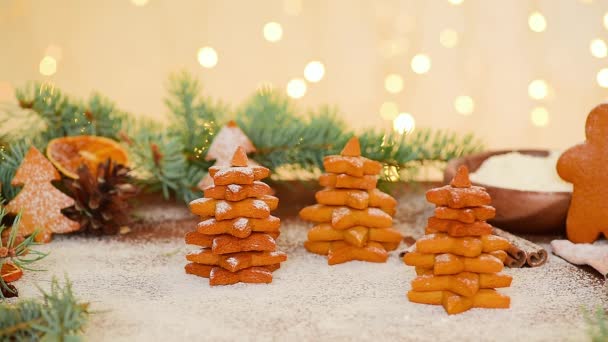 Рождественские пряники в форме рождественской елки и звезды посыпаны сахарной пудрой на свет гирлянд боке. мягкий акцент на пряники, левитация сахара. — стоковое видео
