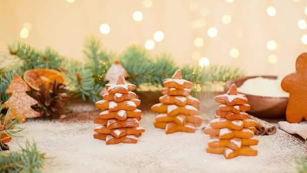 Pão de gengibre de Natal na forma de uma árvore de Natal e uma estrela é polvilhada com açúcar em pó contra a luz das guirlandas bokeh. foco suave no pão de gengibre, levitação de açúcar. — Vídeo de Stock