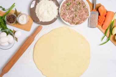 Özbek mantisini evde pişirme süreci, malzemeler et, sebze ve hamurdur. Kadın elleri manti heykeli yapıyor..