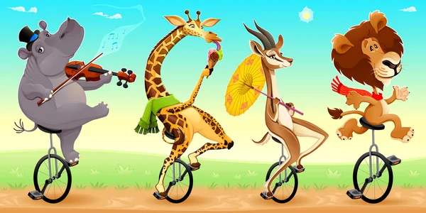 Funny wild animals on unicycles — Stock Vector