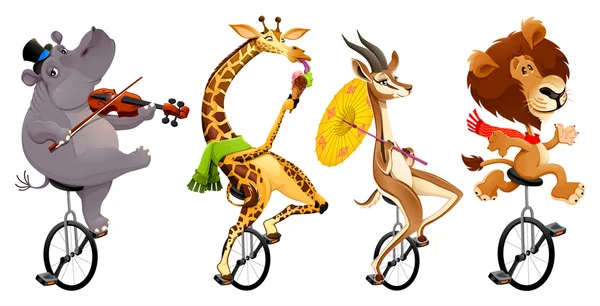 Animales salvajes divertidos en monociclos — Vector de stock
