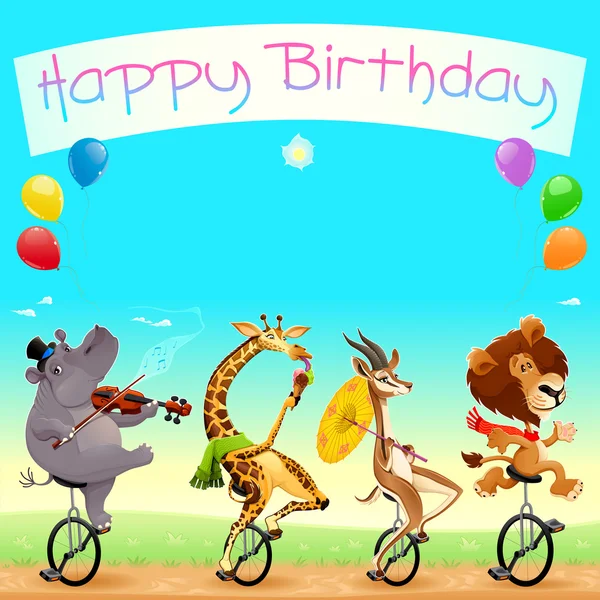 Födelsedagskort med roliga vilda djur på enhjulingar — Stock vektor