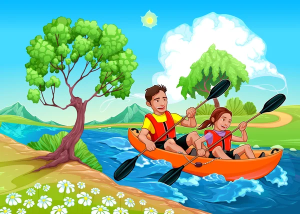 Padre e hija en el kayak en el río — Vector de stock