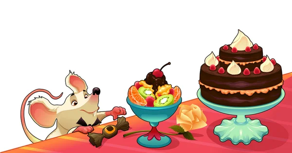 Topo divertente con torta per carte e grafica — Vettoriale Stock