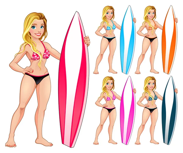 Surfer girl in verschillende kleuren — Stockvector