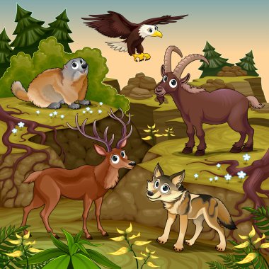 Karikatür hayvanlar, geyik, Kartal, köstebek, steinbock, kurt la ile