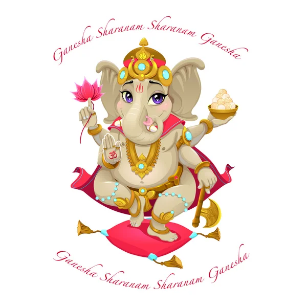 Representación de dibujos animados del dios oriental Ganesha, con mantra — Vector de stock