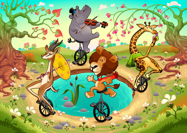 Смешные дикие животные на одноколесных велосипедах играют в лесу
