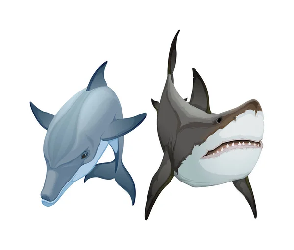 Par Animales Delfines Tiburones Artículos Aislados Vectoriales — Vector de stock