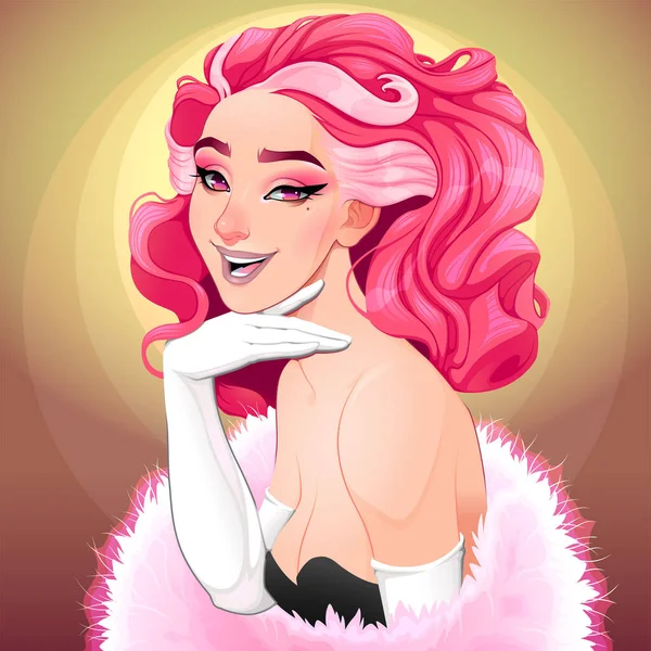 Potret Seorang Diva Dengan Rambut Merah Muda Ilustrasi Fantasi Vektor Grafik Vektor
