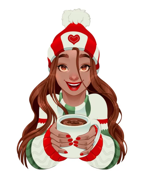 Рождественская Девочка Горячим Шоколадом Руках Векторный Символ — стоковый вектор
