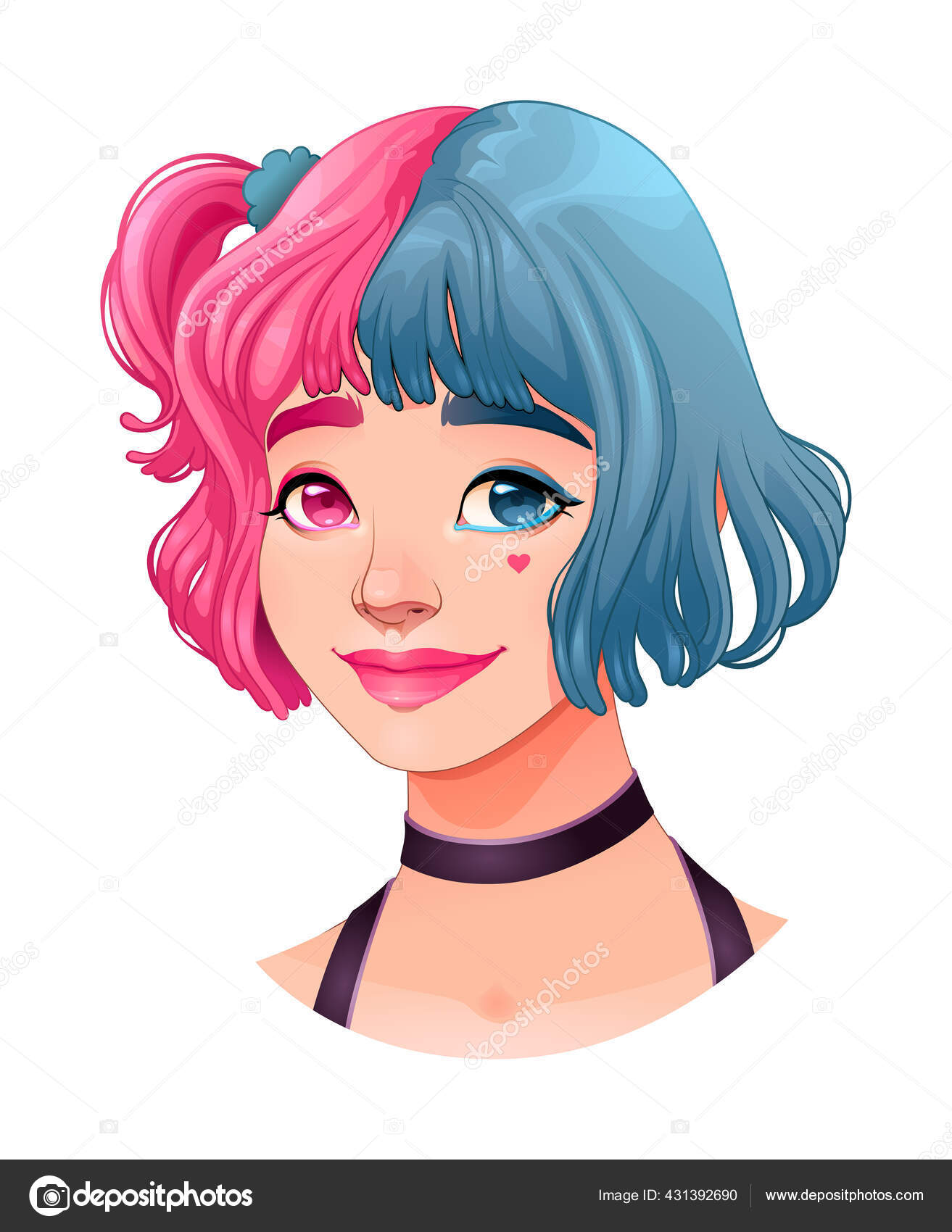 Retrato de uma linda e feliz menina anjo sorridente com cabelo rosa no  estilo anime