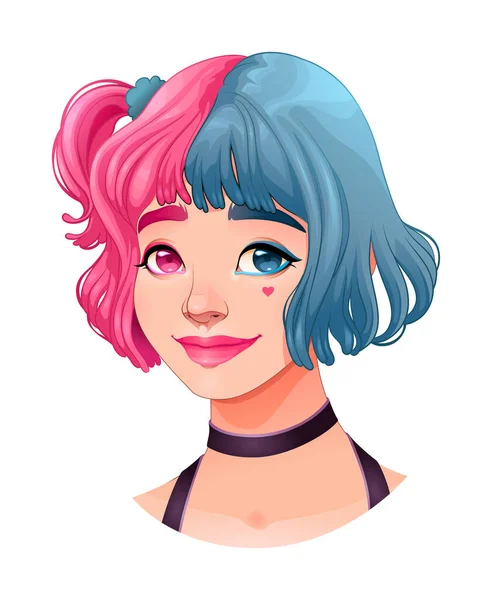 Gadis Muda Cantik Dengan Dua Warna Rambutnya Kartun Vektor Karakter Grafik Vektor