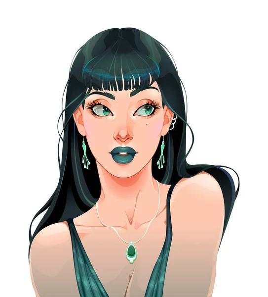 Retrato Una Hermosa Chica Vestida Color Verde Caricatura Vectorial Carácter — Vector de stock