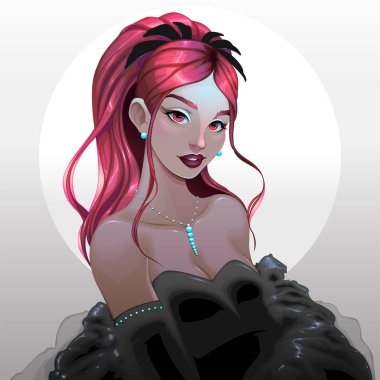 Beautiful girl with black dress and red hair. Vector fashion illustration