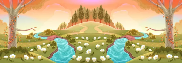 Paysage Romantique Avec Des Rivières Des Fleurs Illustration Vectorielle Paysage — Image vectorielle