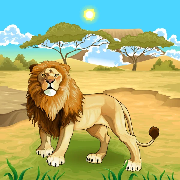 African landscape with lion king. — Stock Vector