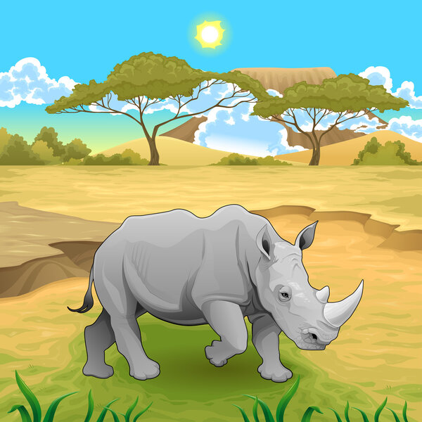 Paisaje africano con rinocerontes . — Vector de stock