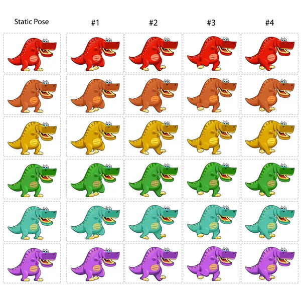 Animation von sechs lustigen Dinosauriern beim Gehen. — Stockvektor