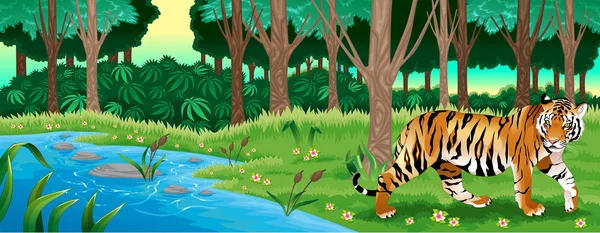 Bosque verde con un tigre — Vector de stock