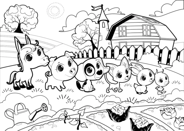 Animais de fazenda engraçados no jardim —  Vetores de Stock