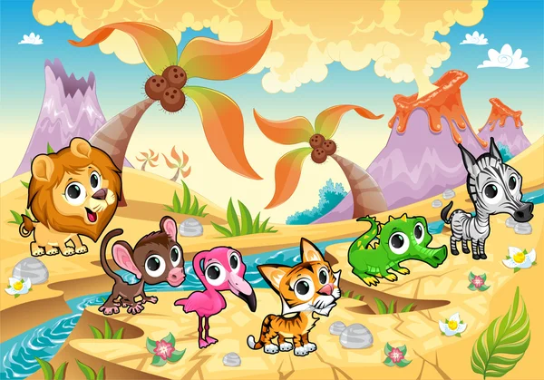 Paisaje con animales, árboles palmeras y volcanes Gráficos Vectoriales