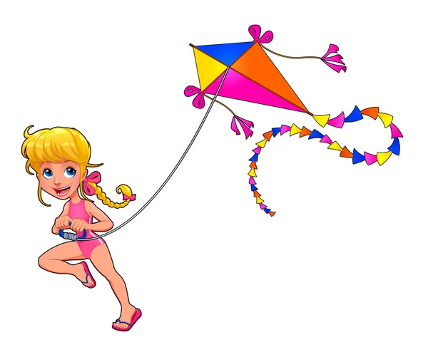 Happy girl is playing with kite — Stock Vector