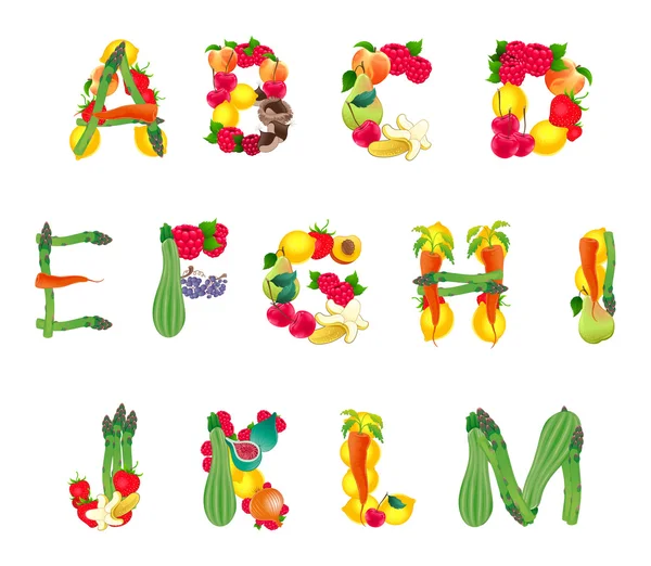 Alphabet composé de fruits et légumes, première partie — Image vectorielle