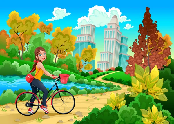 Dama en bicicleta en un parque urbano — Vector de stock