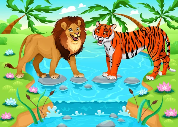 Leão e tigre juntos na selva — Vetor de Stock