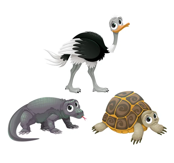 Funny Australian animals, ostrich, turtle and Komodo dragon Stock Vector