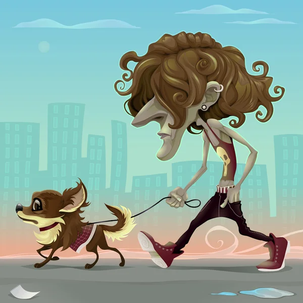 Хлопець з собакою, що йде по вулиці — стоковий вектор