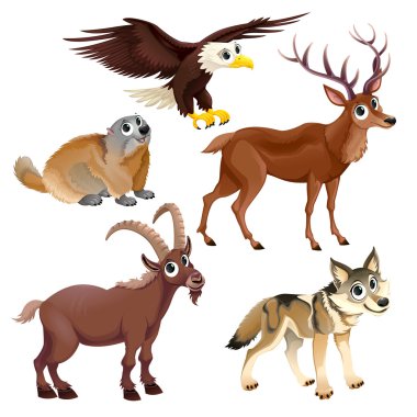 Funny mountain animals, deer, eagle, groundhog, steinbock, wolf clipart