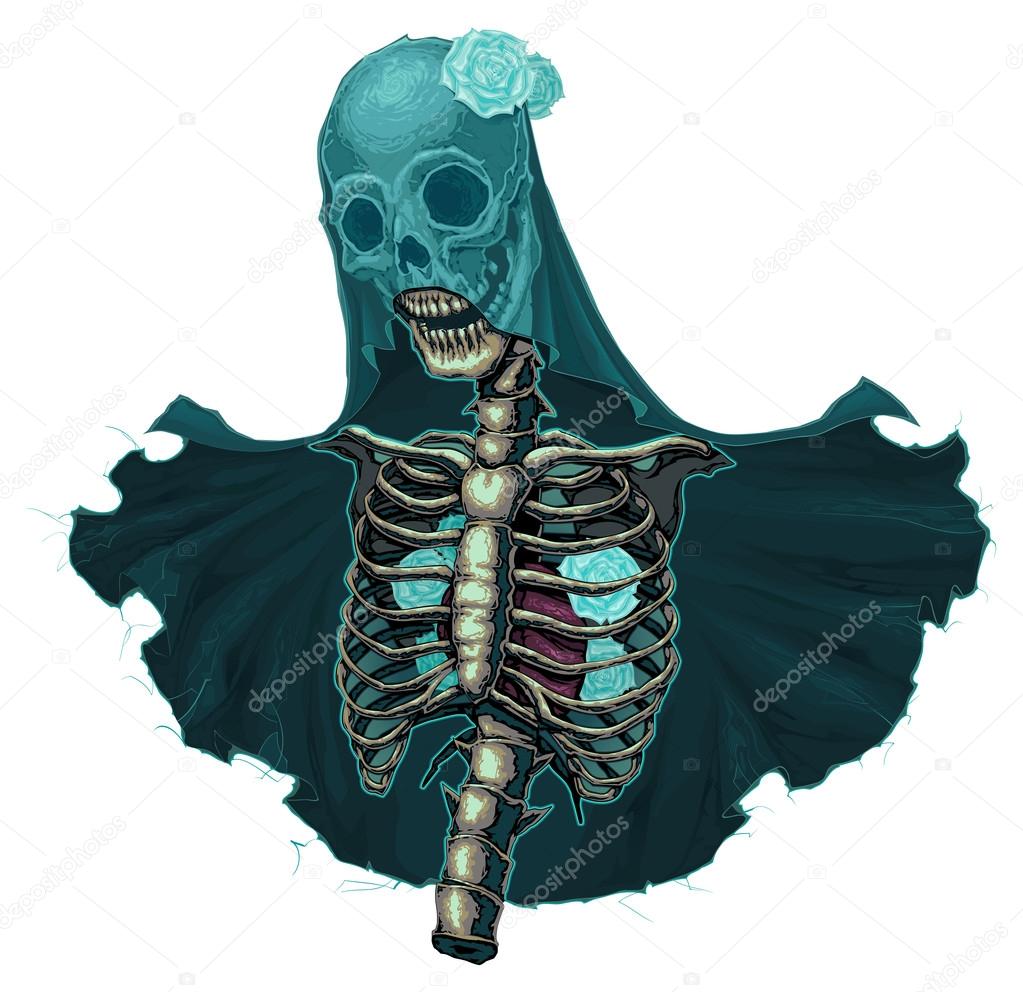 Skeleton with veil and white roses