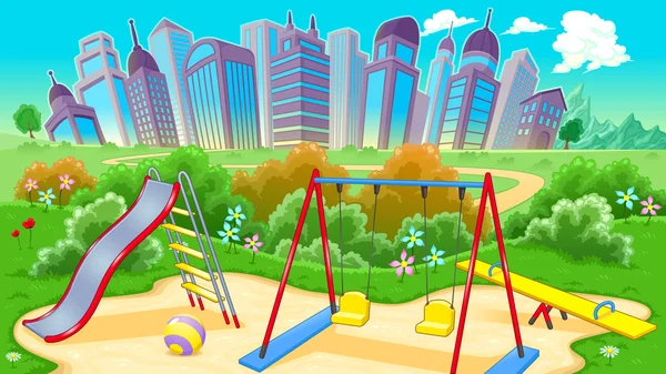 View on the playground with city — 图库矢量图片