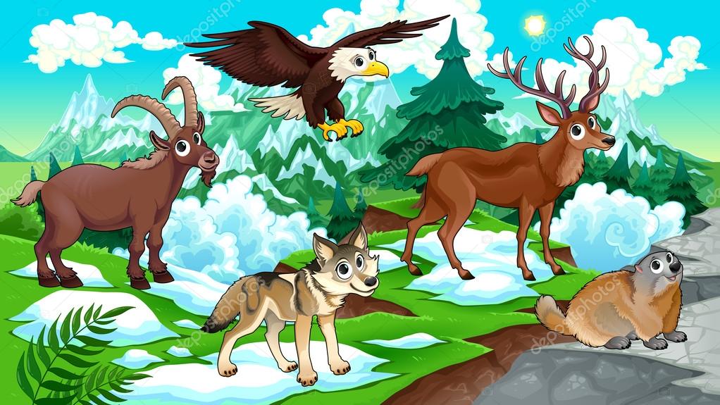 Cartoon animals, deer, eagle, groundhog, steinbock, wolf with la